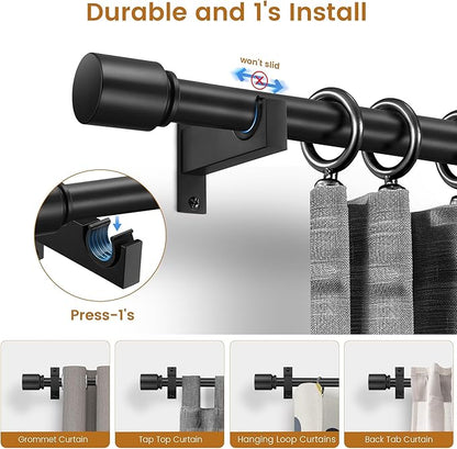 Black Aluminium Curtain Rods for Windows,1 Inch Adjustable Curtain Rod 72-144,Heavy Duty Drapery Rods with Thicken Bracket,Decorative Modern Single Rod with Aluminium Finials