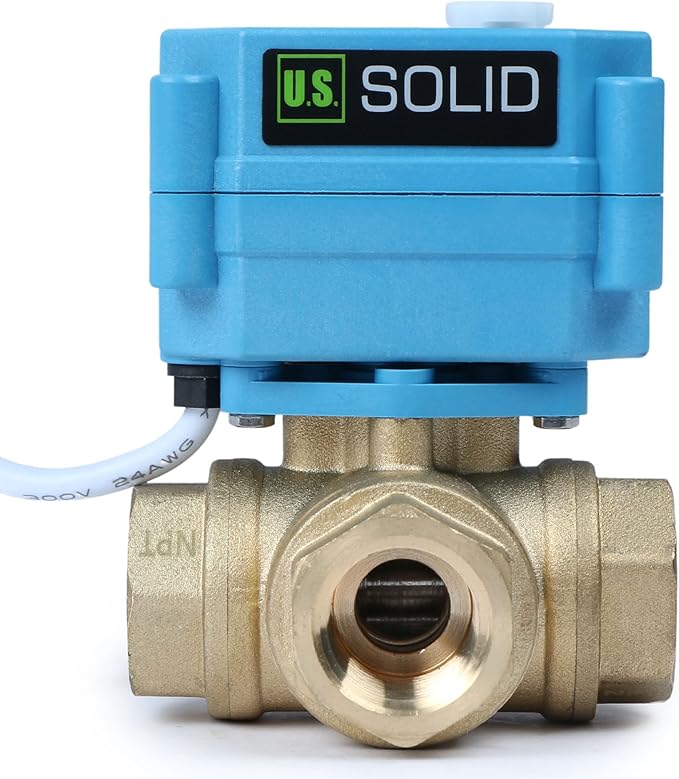 U.S. Solid 1/2" 3 Way Brass Motorized Ball Valve 110-230VAC, L Type Water Shutoff Valve with Manual Function, Standard Port, NOT for Drinking Water