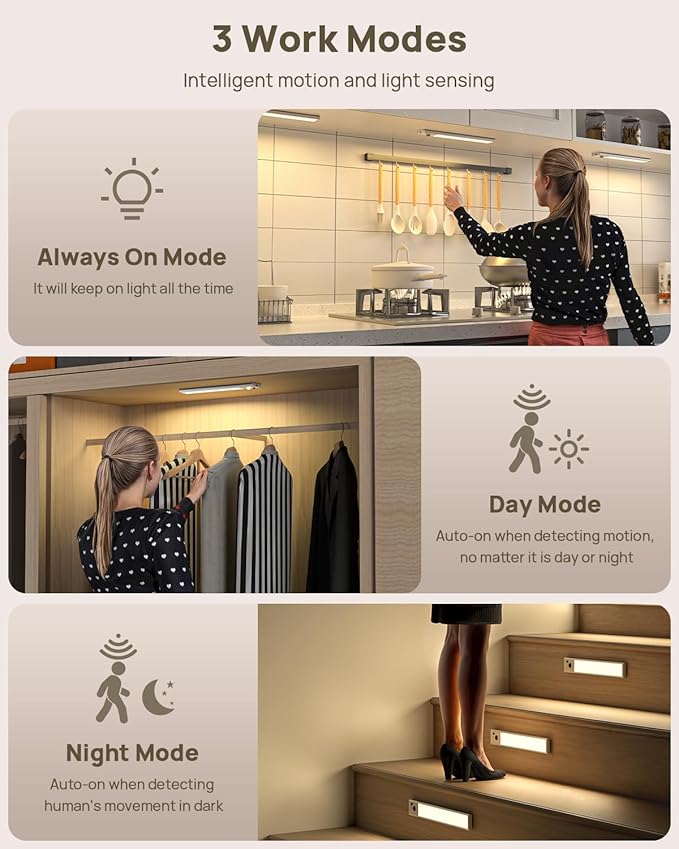 Under Cabinet Lighting Wireless, Rechargeable 180 Lumen Motion Sensor Indoor Light, 3 Color Dimmable Closet Lights with Remote Control, Under Counter Light for Kitchen, Stairs, Wardrobe, 5 Pack