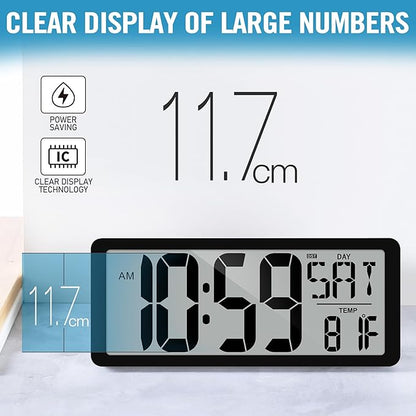 TXL 14.2"" Large Digital Wall Clock Battery Operated, Digital Clock Large display with Day, Date & Temperature, Large wall clock for Bedroom, Livingroom, Office，Battery Included, Black