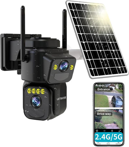 Security Cameras Outdoor WiFi,5G/2.4G Cameras for Home Security Solar Power with Dual Lens,Motion Detection,Night Vision,2-Way Audio,Weather Proof,No Subscription Fee