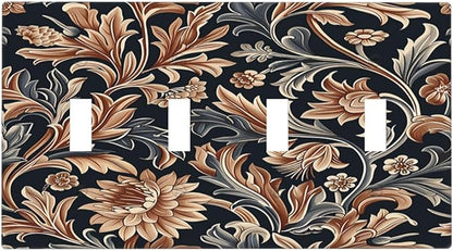 Light Switch Covers Vintage Grey Plant Leaves Brown Flowers Quad Toggle Electrical Faceplate 4 Gang Wall Plate Decorative Switch Plates for Bedroom Home Decor
