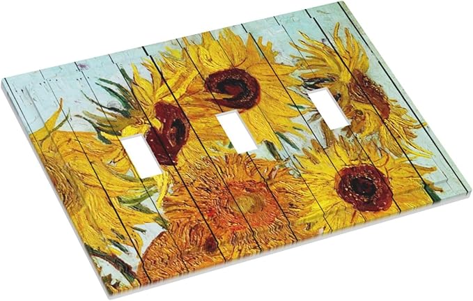 Decorative Switch Plates Sunflowers Oil Paintings Wood Floral 3 Gang Wall Plate Triple Toggle Light Switch Cover Faceplate Electrical Wall Panels For Farmhouse Bed Room Decor