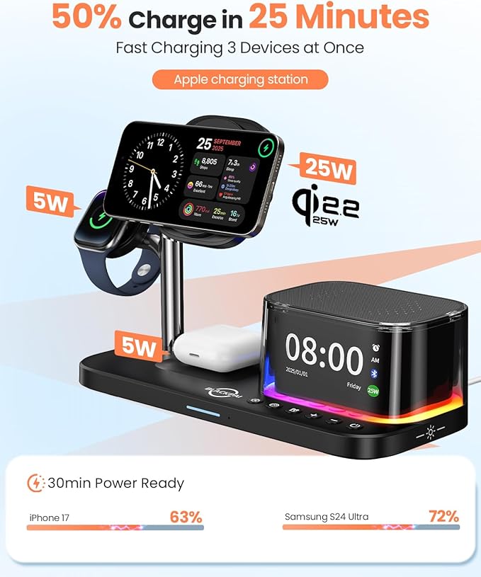 6-in-1 Wireless Charging Station for Multiple Apple Devices with Bluetooth Speakers Alarm Clock Night Light，Qi2.2 Phone Charger Stand for iPhone 17/16/15/14/13/12 Pro Max Apple Watch Airpods