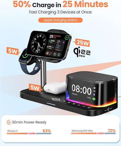 6-in-1 Wireless Charging Station for Multiple Apple Devices with Bluetooth Speakers Alarm Clock Night Light，Qi2.2 Phone Charger Stand for iPhone 17/16/15/14/13/12 Pro Max Apple Watch Airpods