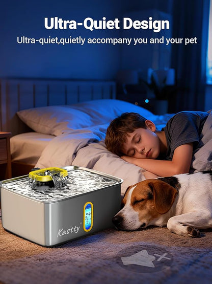 Kastty 3.96 Gal Dog Water Fountain for Large Dogs, 15L Stainless Steel Pet Water Fountain, QuietTriple Filtration Dog Water Bowl Dispenser with Water Level Window and LED Light Easy Clean(FS78,Yellow)