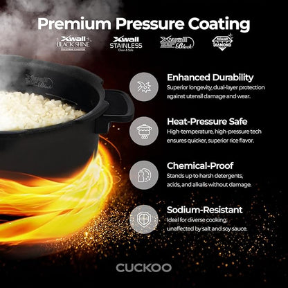CUCKOO High Pressure Rice Cooker 6-Cup Uncooked / 12-Cup Cooked with Nonstick Inner Pot, Versatile Rice Maker with 12 Menu Options and Steam Plate, Fuzzy Logic Tech, Voice Guide, Black (CRP-P0609S)