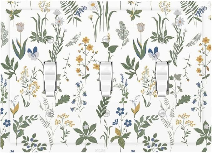 Decorative Switch Plates Floral Green Leaf Plant Flowes 3 Gang Wall Plate Triple Toggle Light Switch Cover Faceplate Electrical Wall Panels For Bed Room Farmhouse Decor