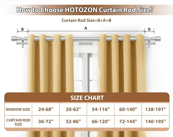 Double Curtain Rod 36 to 72 Inch, HOTOZON 1 Inch Heavy Duty Double Curtain Rods for Windows 24 to 68 Inches(2-5.6 ft), Telescoping Drapery Rod with Simple End Finials, Silver