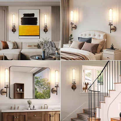 19.5" Knurled Brass Wall Sconces Set of 2, Bronze Bathroom Vanity Light Fixtures with Vertical Striped Glass Tube, Modern Lamp Lighting for Bedroom, Living Room, Hallway, Staircase, Mirror, Kitchen