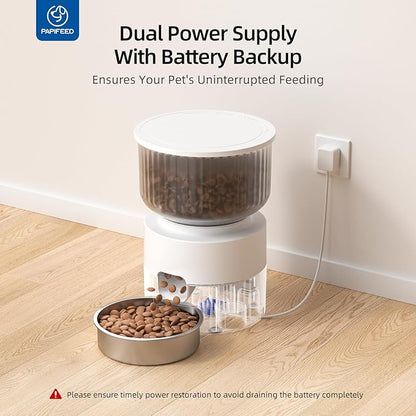 PAPIFEED Automatic Cat Feeder and Water Fountain, 3L/12 Cups 2.4G WiFi Pet Feeder with Stainless Steel Bowl, Smart APP Control for Remote Feeding, 1-12 Meals Per Day, Detachable for Easy Clean (White)
