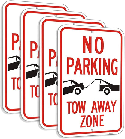 Large (4 Pack) No Parking Symbol Tow Away Zone Sign, 12x18 Inches Engineer Grade Reflective Rust Free Aluminum, 2 Pre-Drilled Holes Easy to Mount