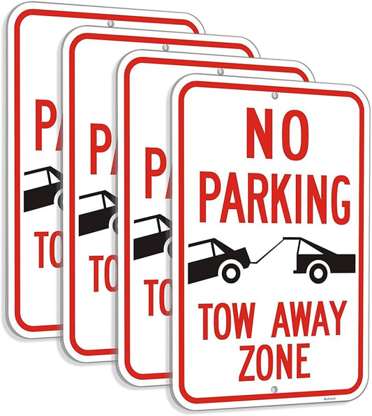 Large (4 Pack) No Parking Symbol Tow Away Zone Sign, 12x18 Inches Engineer Grade Reflective Rust Free Aluminum, 2 Pre-Drilled Holes Easy to Mount