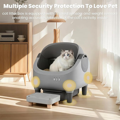 Self Cleaning Litter Box, App Control, Automatic Litter Box with Step, Odor-Free Includes Large Waste Bin and Trash Bags, Open Top Large Capacity for Multiple Cats, Quiet Operation, Safety Protection