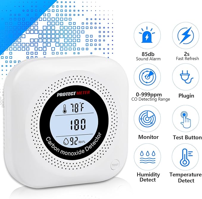 Carbon Monoxide Detectors,2 Pack 3in1 Portable Carbon Monoxide detectors Plug in Wall for Travel, CO Alarm/Monitor for Home/Hotel Room/RV with AC Socket with Temperature & Humidity Detectors