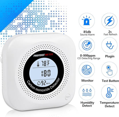 Carbon Monoxide Detectors,2 Pack 3in1 Portable Carbon Monoxide detectors Plug in Wall for Travel, CO Alarm/Monitor for Home/Hotel Room/RV with AC Socket with Temperature & Humidity Detectors