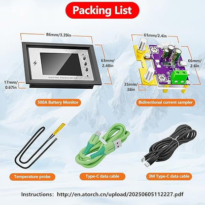 500A Battery Monitor with Shunt 0~420V 500A with Buzzer Alarm and Data Storage Batteries Monitor IPS Color Screen for 0~420V Any Battery and DC Power with 3m Type-C Data Cable Temperature Probe