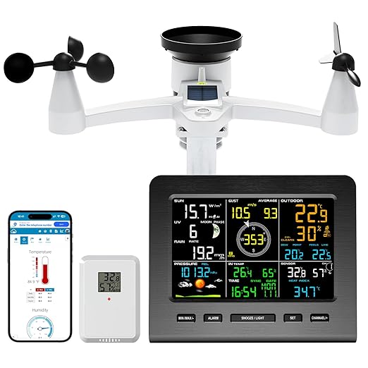 Urageuxy WiFi Weather Station - 7-in-1 Wireless Smart Home Weather Stations with Rain Gauge and Wind Speed/Direction,Temperature, Humidity, Weather Forecast, UV/Light, Moon Phase and Alarm