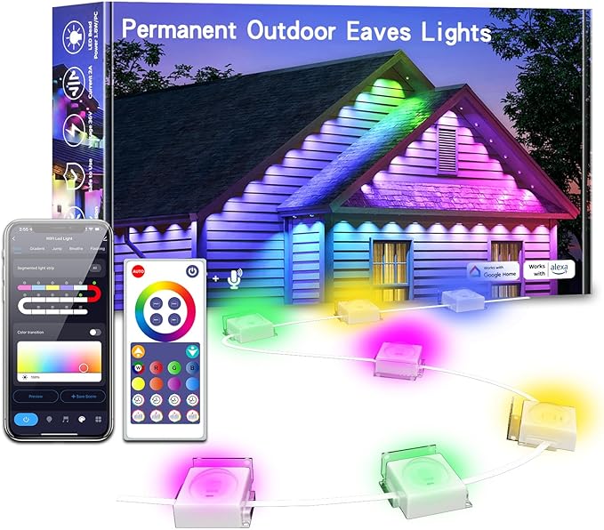 Smart Permanent Outdoor Lights, 100ft Smart Eave Lights with 72 LED Bulbs IP67 Waterproof DIY Multicolor for Daily, Festival, Party, Garden, House Decor, Work with APP/Alexa/Google Assistant
