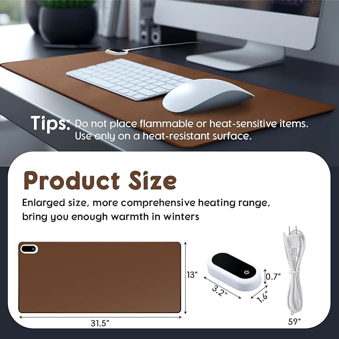 Konohan Heated Large Desk Mat PU Leather Warm Mouse Pad with 5 Heating Level & 4 Hour Auto Shut-Off Heating Keyboard Pad Warmer Gaming Mice Mat Only Supports 110v(Brown Color,31.5" X 13")