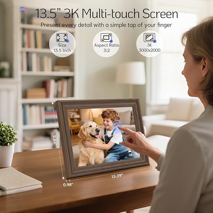 NexFoto 13.5" Touchscreen Digital Picture Frame 3K Resolution, WiFi Electronic Photo Frame 64GB, Add Pics from Google Photos, Share Photos/Videos via App/USB, Gifts for Mom Christmas, Walnut