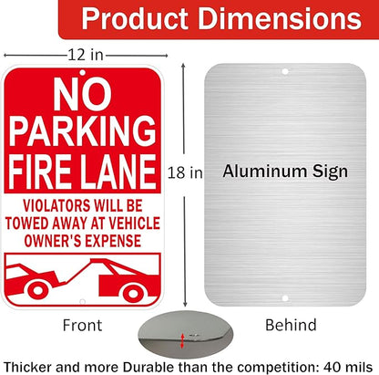No Parking Fire Lane Sign, Reflective Aluminum, 12 x 18 Inches, Weather Resistant, UV Protected, Indoor Outdoor Use, 2 Pack