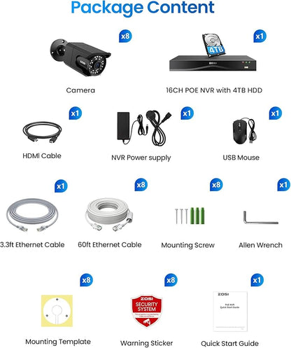 ZOSI 4K 16CH PoE Security Camera System, 8 x 8MP PoE IP Camera Outdoor Indoor with Human Detection, 100ft IR Night Vision, IP66 Weatherproof, 4K 16CH H.265+ NVR with 4TB HDD for 24/7 Audio Recording