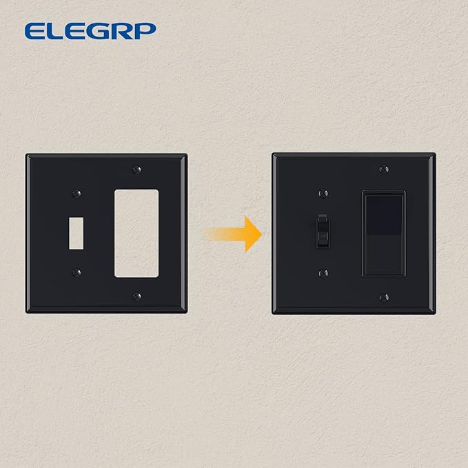 Combination Wall Plate ELEGRP 2-Gang 1-Toggle Light Switch 1-Decorator/GFCI Device Combination Wall Plates, Mid-Size 4.88" x 4.94" Unbreakable Thermoplastic Faceplate Cover, UL (2 Pack, Glossy Black)