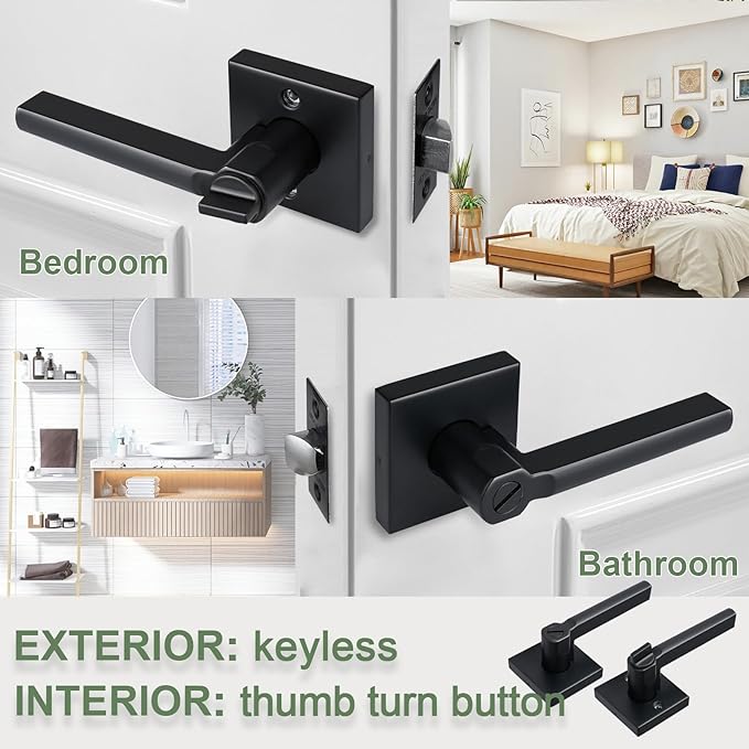 Privacy Door Lever, Heavy Duty Bathroom Bedroom Handle Lock, Keyless Interior Knobs, Matte Black, Reversible for Right&Left Handed, 2Packs