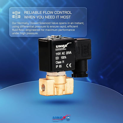 UNOX 1/8" NPT Solenoid Valve 110V AC, Brass Control Valve Normally Closed - 0-232 PSI Multi-Purpose Reliable Control Valve for Water, Air, and Gas - Solenoid Valves