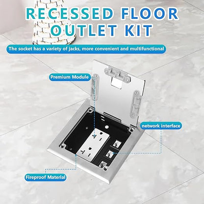 KYHSHJ Recessed Flat Hidden Socket Kit with 20 Amp Stainless Steel TR Receptacle Outlet Stainless+3-Port RJ45 Datacom Receptacle.Internal Height Adjustable，Corrosive Resistant Hardware，Silver
