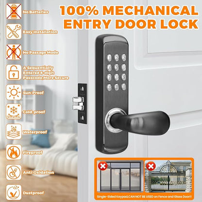Stainless Steel Mechanical Keypad Entry Door Handle Lock,Commercial Keyless Push Button Code Door Lever,Single-Sided Combination &Interior Non-locking,Exterior Auto-Lock,For Outdoor,Matte Black