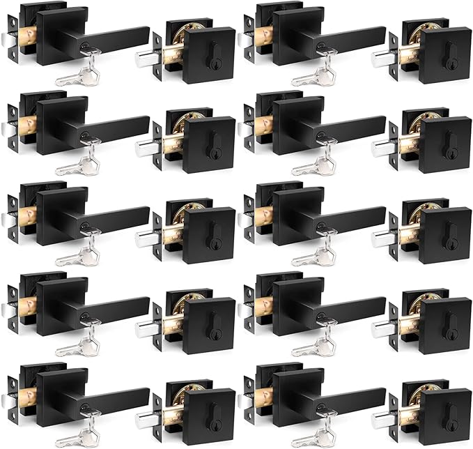 Probrico Square Keyed Entry Levers and Single Cylinder Deadbolts Combo Pack, Flat Black Heavy Duty Entrance Locksets for Office Bedroom and Front Door, 10 Pack Keyed Alike (All Same Keys)