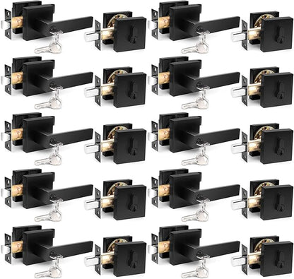 Probrico Square Keyed Entry Levers and Single Cylinder Deadbolts Combo Pack, Flat Black Heavy Duty Entrance Locksets for Office Bedroom and Front Door, 10 Pack Keyed Alike (All Same Keys)