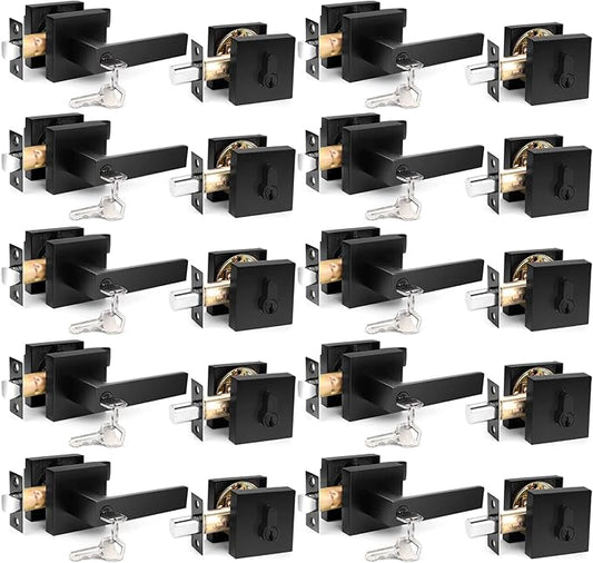 Probrico Square Keyed Entry Levers and Single Cylinder Deadbolts Combo Pack, Flat Black Heavy Duty Entrance Locksets for Office Bedroom and Front Door, 10 Pack Keyed Alike (All Same Keys)