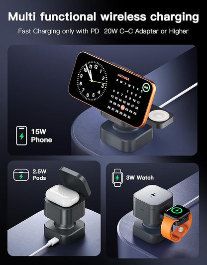 3 in 1 Wireless Charging Station, Wireless Charger with Night-Lamp & Retractable Design, Phone Wireless Charger Fast Charger for Phone 17/16/15/14/13/12/11/X Pro/Max/Plus/Watch/pods