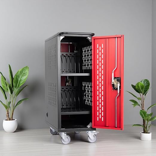 16 Unit Laptop Charging Cart Station, Mobile Charging Cabinet with Built-in Power Strip and Cable Organizers, Laptop Storage Box with Secure Locking & Wheels for Classrooms, Offices, Black