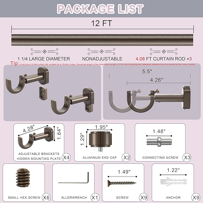 Heavy Duty Curtain Rods,1 1/4" Large Diameter Premium Nonadjustable Curtain Rod,144in/12ft Custom Window Treatment Rods with Durable Aluminum Brackets and End Caps,Dark Bronze Finish