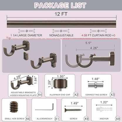 Heavy Duty Curtain Rods,1 1/4" Large Diameter Premium Nonadjustable Curtain Rod,144in/12ft Custom Window Treatment Rods with Durable Aluminum Brackets and End Caps,Dark Bronze Finish