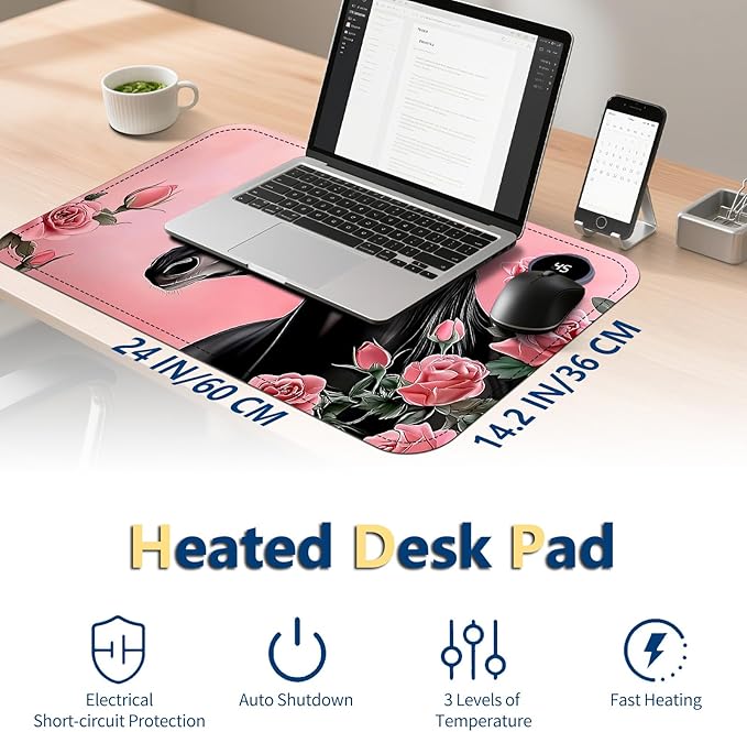 Heated Mouse Pad with 3 Temperature Settings(104°F–122°F),Large 24x14.2 Inch PU Leather Heated Desk Mat,Waterproof Warming Pad for Office,Gaming & Cold Hands Relief,Pink Rose Black Horse