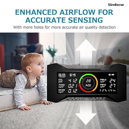 8-in-1 Air Quality Monitor Indoor, Portable Air Quality Tester CO2 Monitor (PM2.5, PM10, CO2, VOC, Formaldehyde, Humidity, Temp) 2600mAh Long-Lasting Battery Sleep-Friendly Display