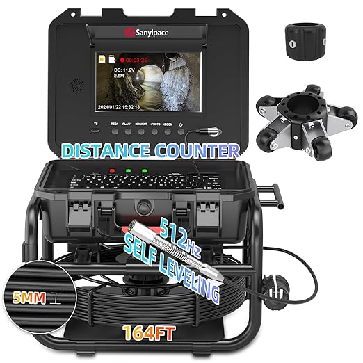 Sanyipace Sewer Camera 165FT/50M with 512Hz Transmitter, Self-Leveling, Distance Counter, Plumbing Inspection Camera with Microphone Speaker Audio Video Record, 16GB TF Card, Pipe Pulley (7mm Cable)