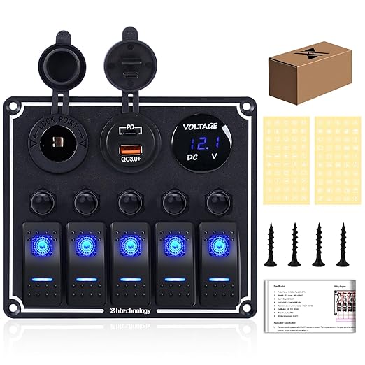 5 Gang Marine Boat Switch Panel with Dual USB Charger & Voltmeter, Waterproof Aluminum Rocker Switch Panel for Marine Automotive Truck RV Trailer with Lighter Socket Press Protector, 12/24V Black