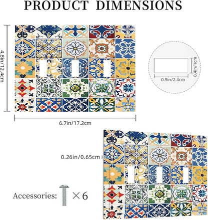 Decorative Switch Plates Moroccan Traditional Mexican Talavera Til 3 Gang Wall Plate Triple Toggle Light Switch Cover Faceplate Electrical Wall Panels for Kitchen Home Decor