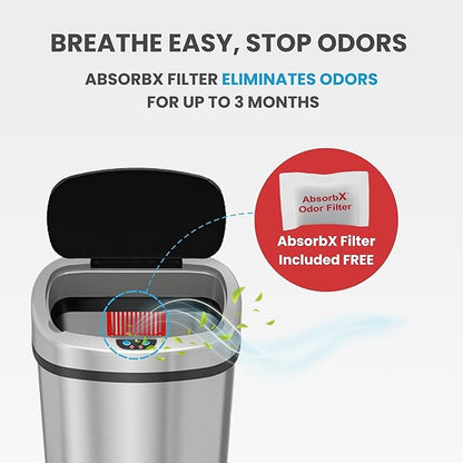 SensorCan 50 Liter / 13 Gallon Kitchen Trash Can with AC Adapter & Odor Filter – Motion Sensor Stainless Steel Garbage Bin for Home, Office, Garage – Slim Oval Shape, Large Capacity Design