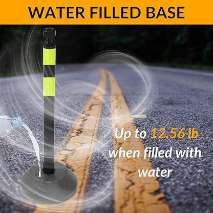 6 Pack 40 Inch Traffic Delineator Posts with Fillable Base and 6.6FT Plastic Chain, Safety Delineator Post Cones with 2 Green Reflective Stripes for Construction Work (Black)