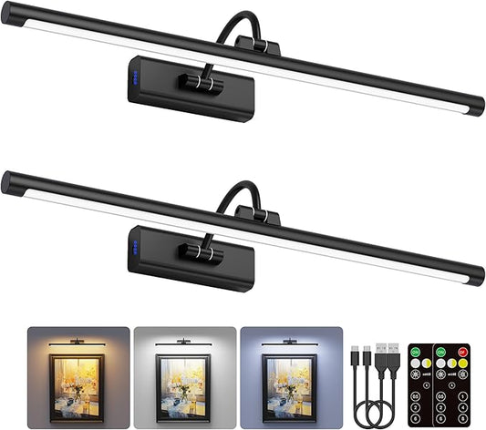 2 Pack Light for Pictures on Wall Black 8000mAh - 24" Cordless Battery Powered Wall Mount Sconce with Dimmable Remote for Oversized Artwork & Gallery