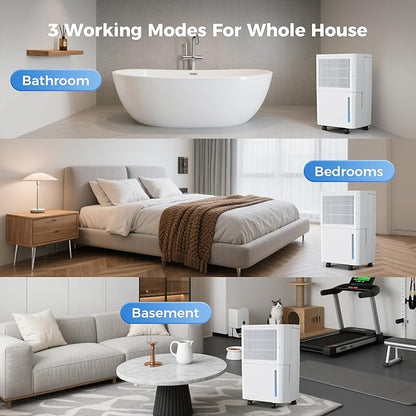 2,500 Sq Ft Portable Home Dehumidifier with Drain Hose, 74 OZ Water Tank, 24 Hr Timer, 3 Modes High Efficiency Compressor for Basement, Bedrooms, Bathrooms and Laundry Rooms