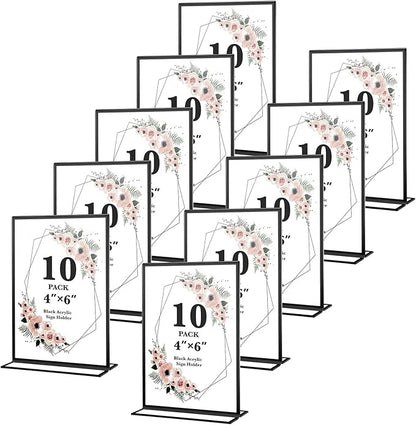 10 Pack Acrylic Sign Holders 4x6 Photo Frames, Double Sided Picture Frame, Clear Wedding Table Number Holder, Table Menu Display Holders for Restaurant Signs, Party and Office Photos, Black
