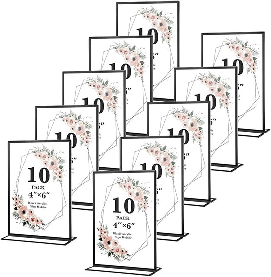 10 Pack Acrylic Sign Holders 4x6 Photo Frames, Double Sided Picture Frame, Clear Wedding Table Number Holder, Table Menu Display Holders for Restaurant Signs, Party and Office Photos, Black